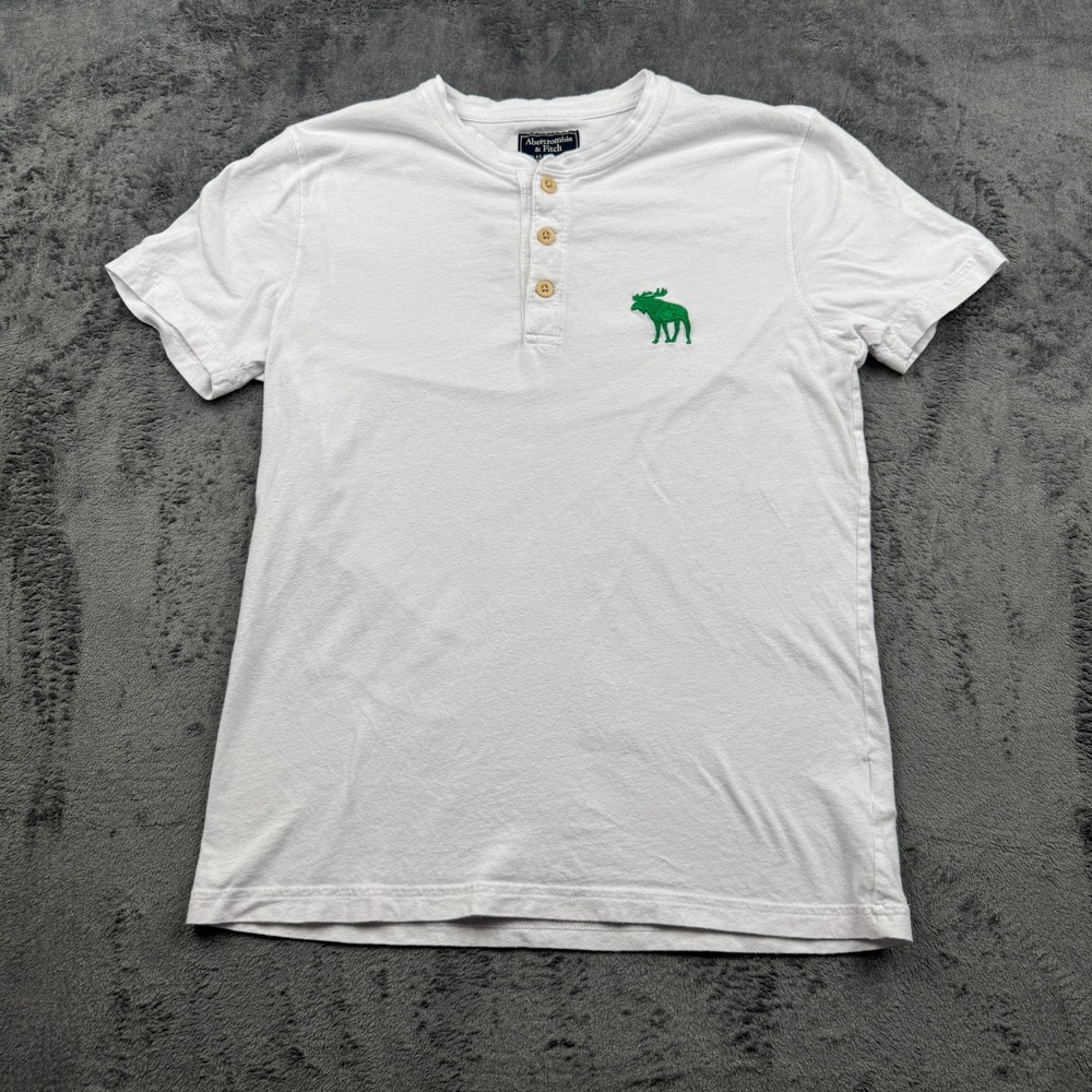 Abercrombie & Fitch Henley Shirt Mens Small White Green Moose Logo Vintage Exc